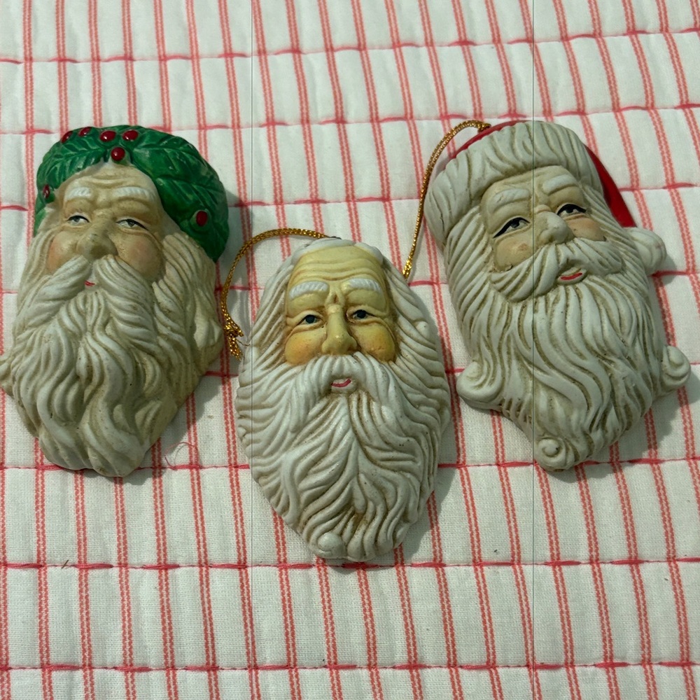 Vintage Ceramic Santa Ornaments Set of Three